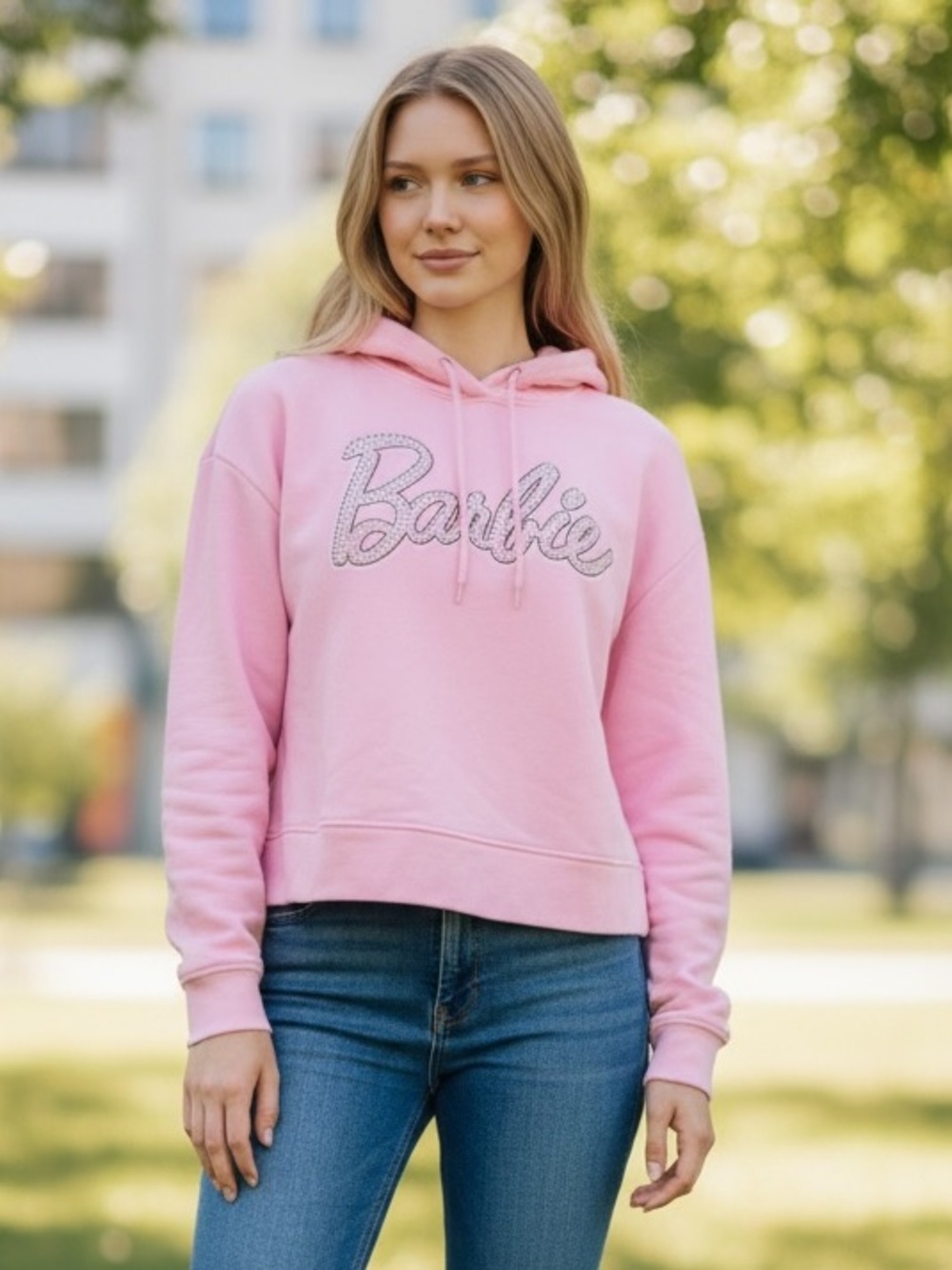 Barbie Pink Rhinestone Logo Cropped Hoodie L 2023 Mattel Barbiecore Y2K Style
